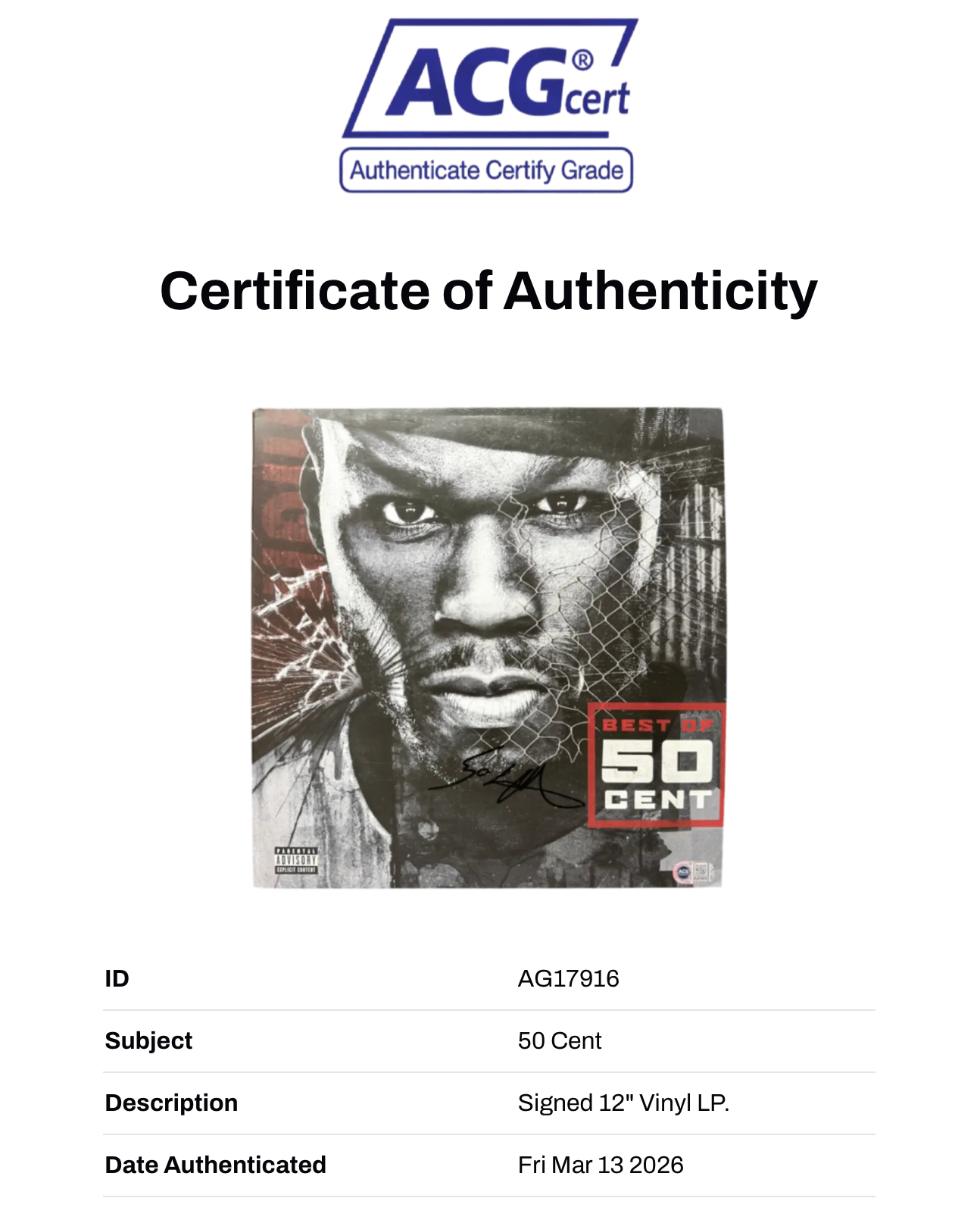 50 CENT SIGNED BEST OF 50 CENT VINYL SINGLE GET RICH OR DIE TRYIN’ (ACG CERT AG17916)-2