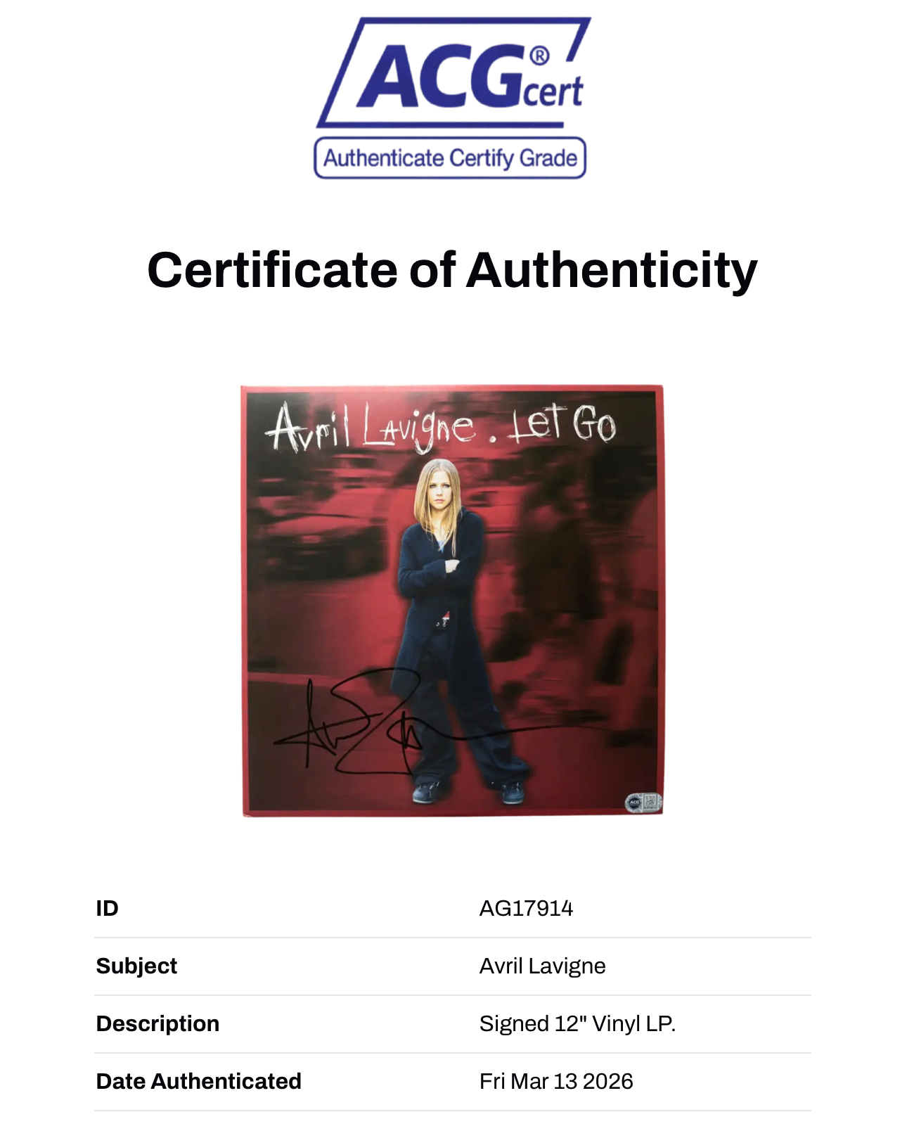 AVRIL LAVIGNE SIGNED LET GO ALBUM VINYL SK8ER BOI (ACG CERT AG17914)-2