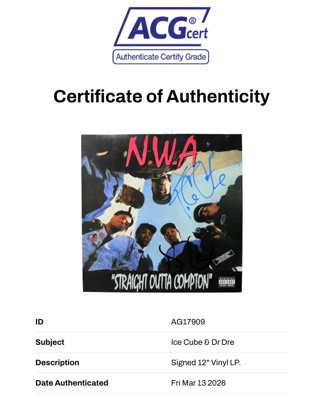 ICE CUBE & DR DRE SIGNED NWA STRAIGHT OUTTA COMPTON VINYL (ACG CERT AG17909)-2