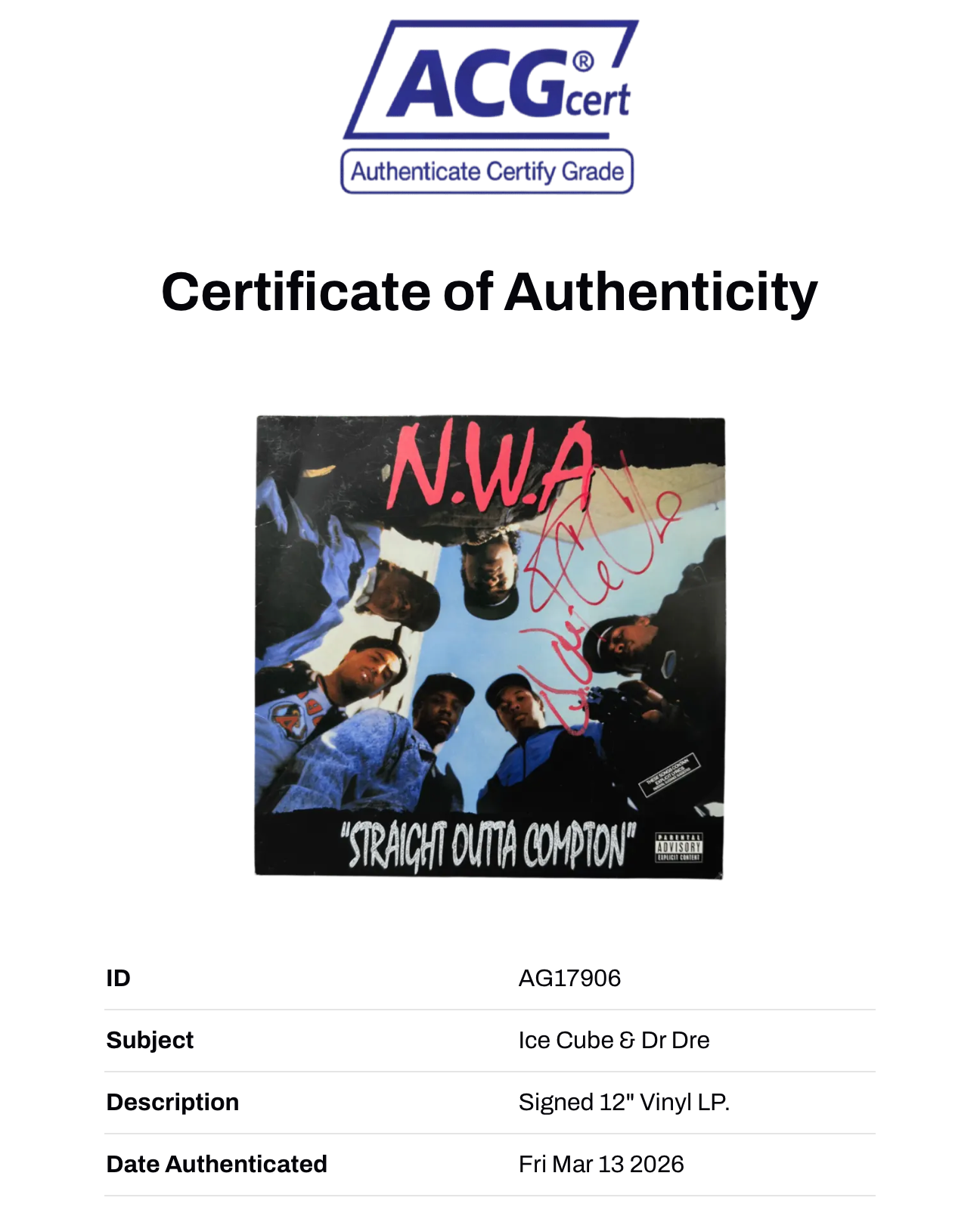 ICE CUBE & DR DRE SIGNED NWA STRAIGHT OUTTA COMPTON VINYL (ACG CERT AG17906)
