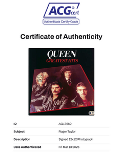 ROGER TAYLOR SIGNED 12X12 PHOTOGRAPH QUEEN GREATEST HITS COVER (ACG CERT AG17960)-2