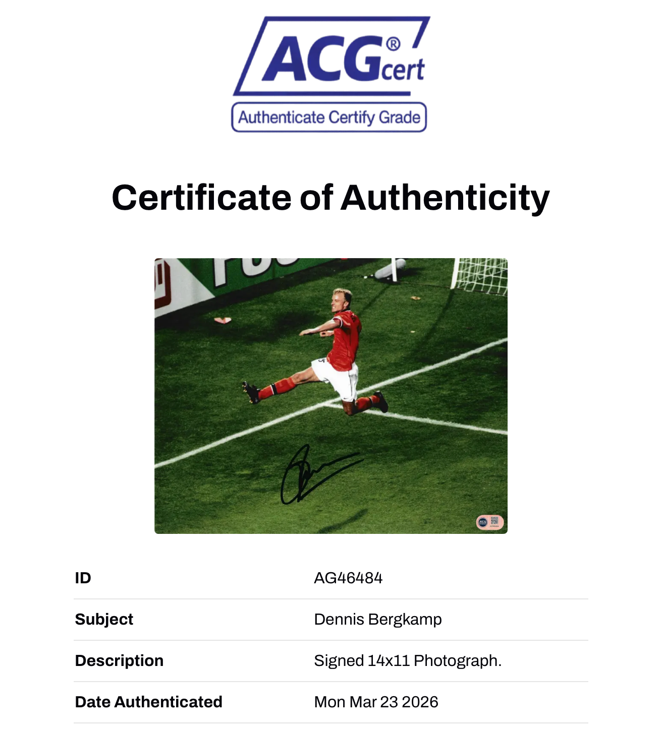 DENNIS BERGKAMP SIGNED HOLLAND WORLD CUP 1998 14X11 PHOTO (ACG WITNESS AG46484)