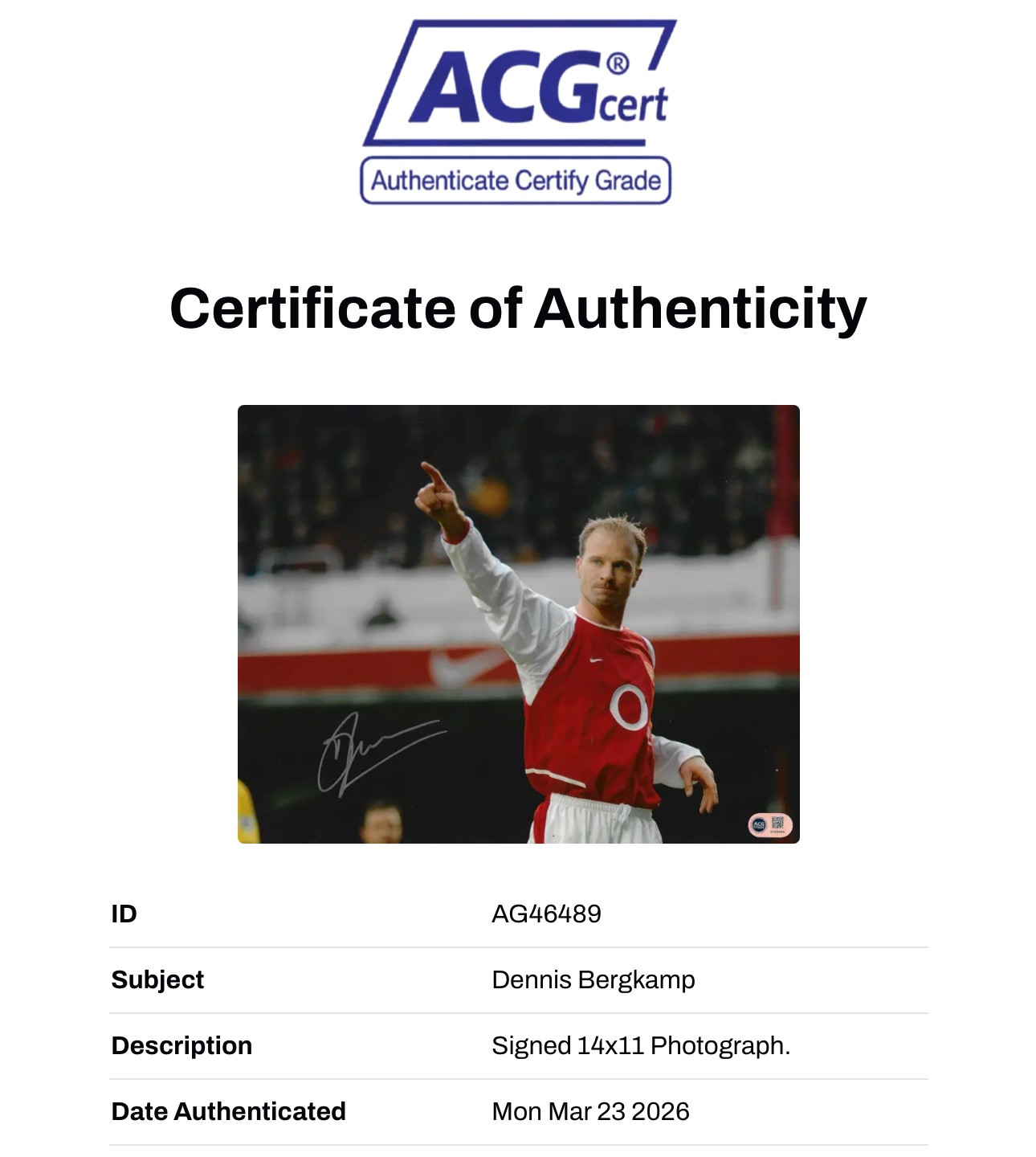 DENNIS BERGKAMP SIGNED ARSENAL FC 14X11 PHOTO (ACG WITNESS AG46489)