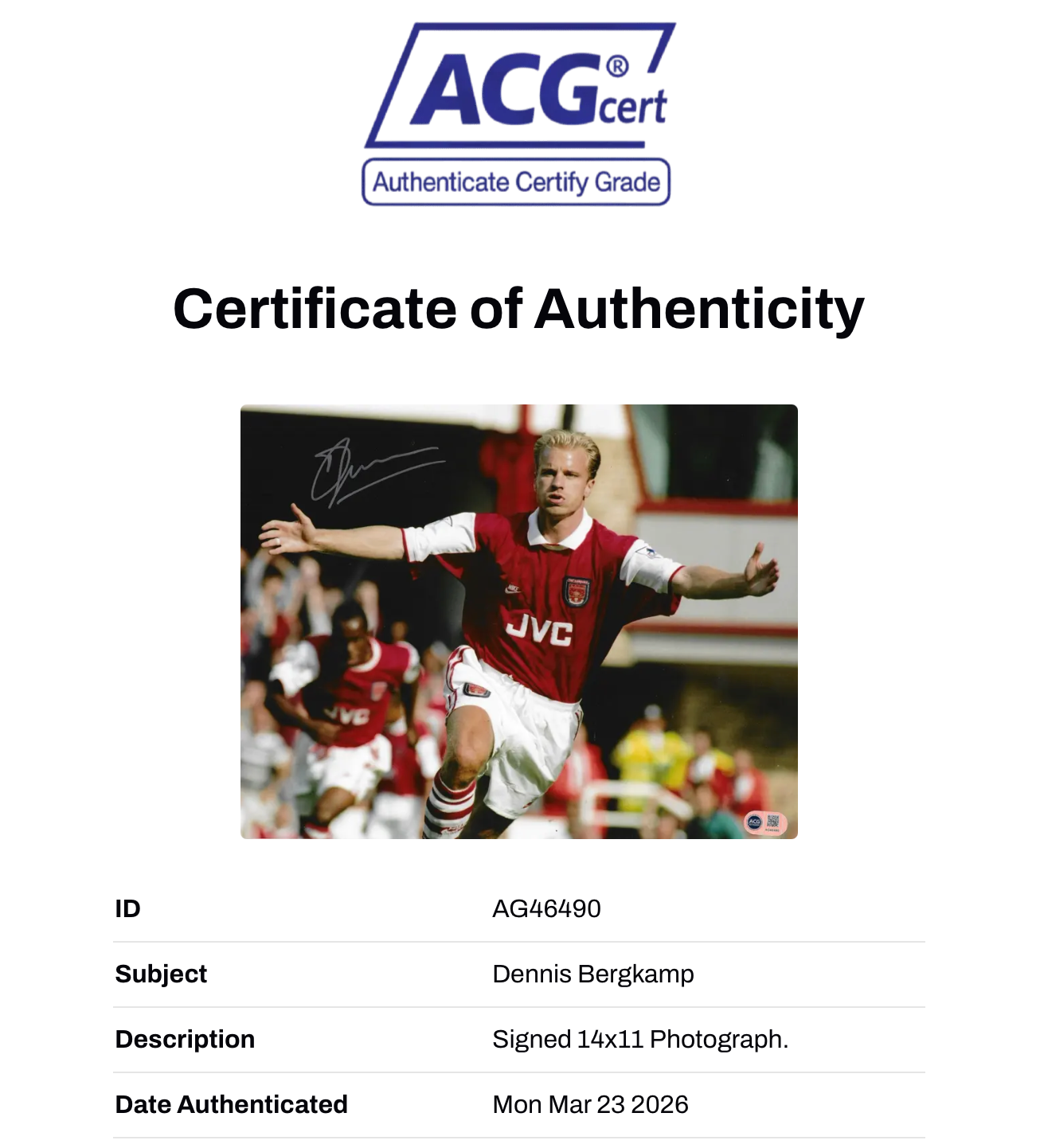 DENNIS BERGKAMP SIGNED ARSENAL FC 14X11 PHOTO (ACG WITNESS AG46490)