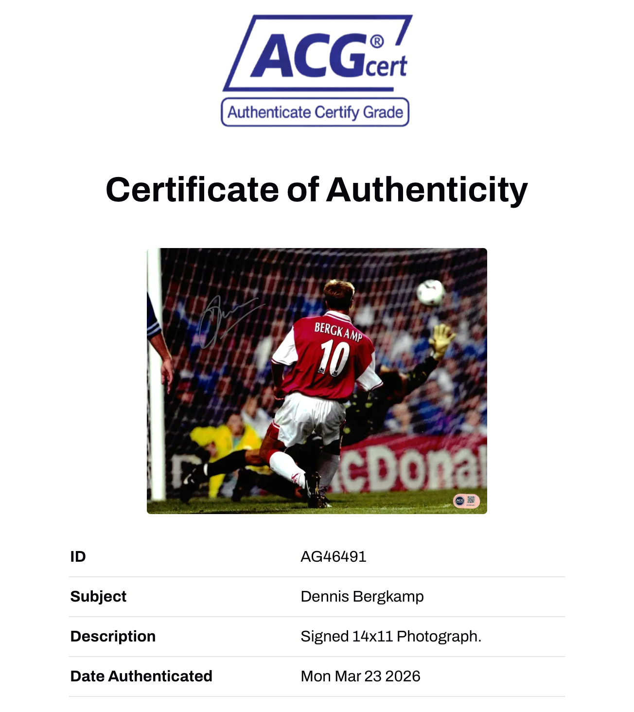 DENNIS BERGKAMP SIGNED ARSENAL FC 14X11 PHOTO (ACG WITNESS AG46491)