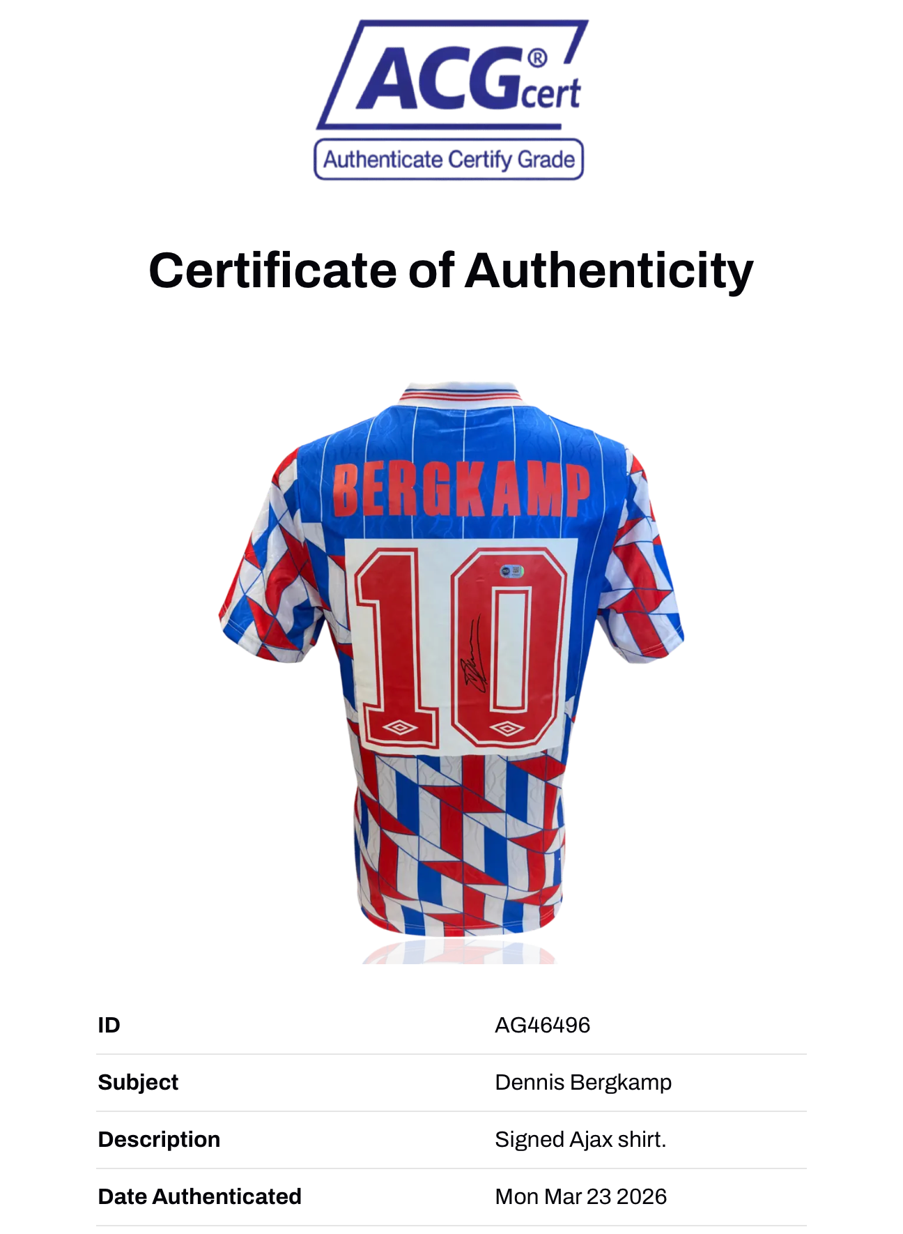 DENNIS BERGKAMP SIGNED AFC AJAX 1990 AWAY SHIRT (ACG WITNESS AG46496)