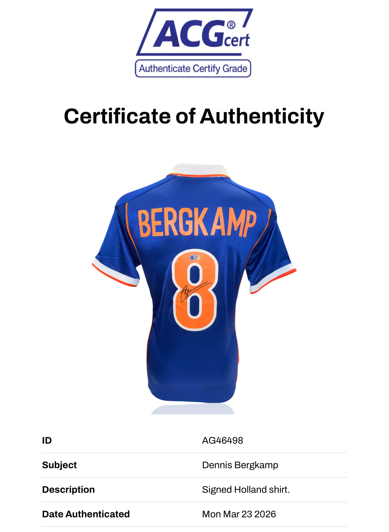 DENNIS BERGKAMP SIGNED HOLLAND 1998 AWAY SHIRT (ACG WITNESS AG46498)