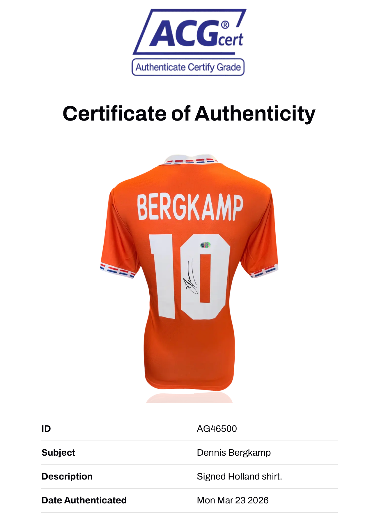 DENNIS BERGKAMP SIGNED HOLLAND 1994 HOME SHIRT (ACG WITNESS AG46500)