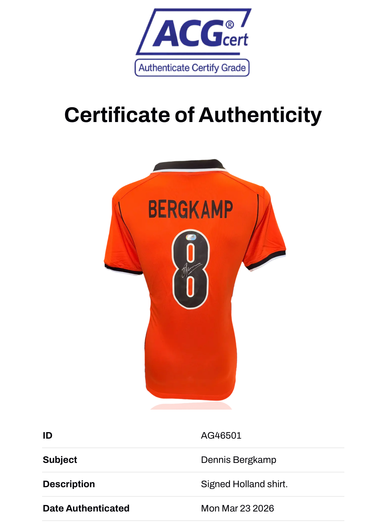 DENNIS BERGKAMP SIGNED HOLLAND 1998 HOME SHIRT (ACG WITNESS AG46501)