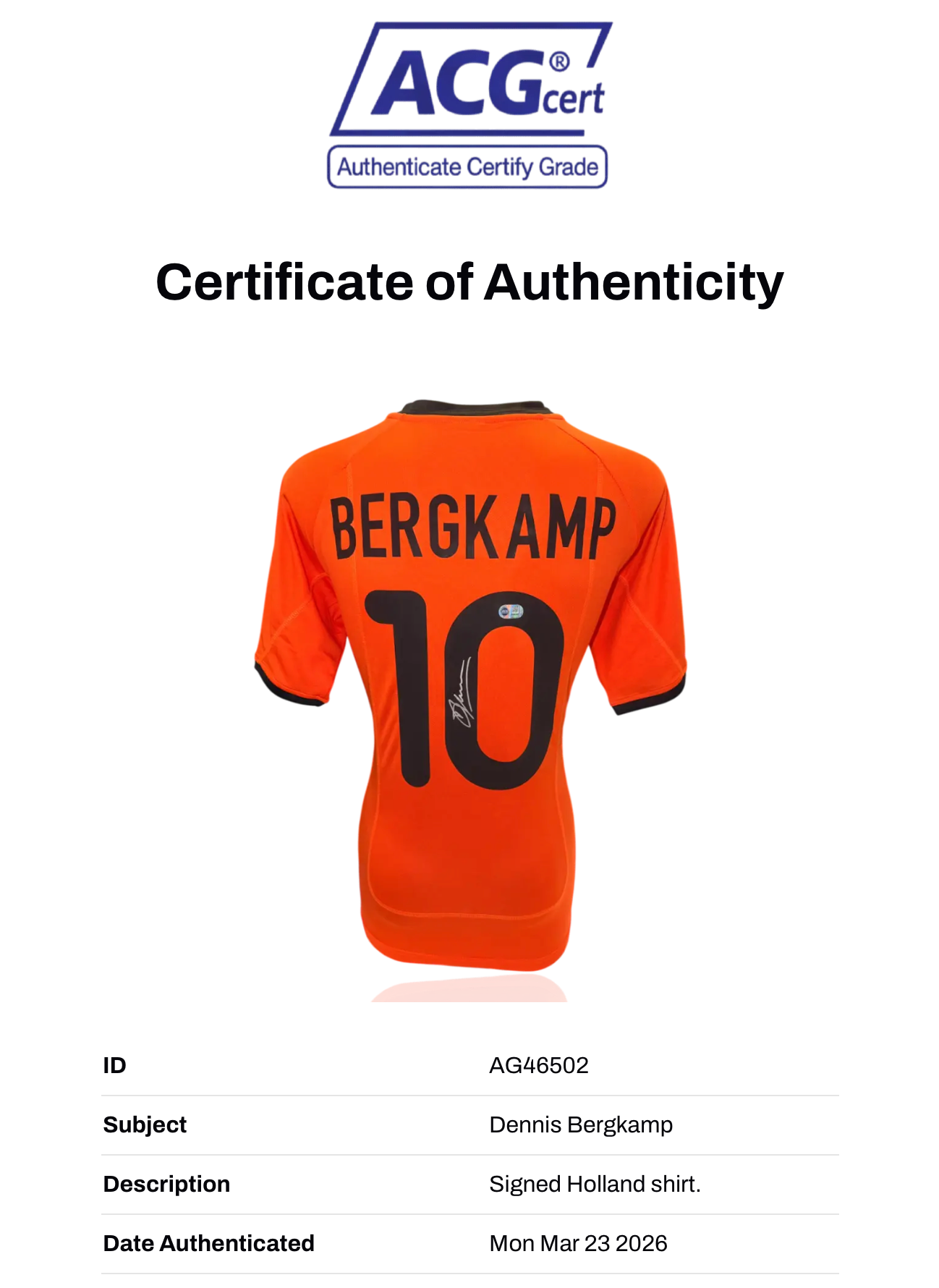 DENNIS BERGKAMP SIGNED HOLLAND 2000 HOME SHIRT (ACG WITNESS AG46502)