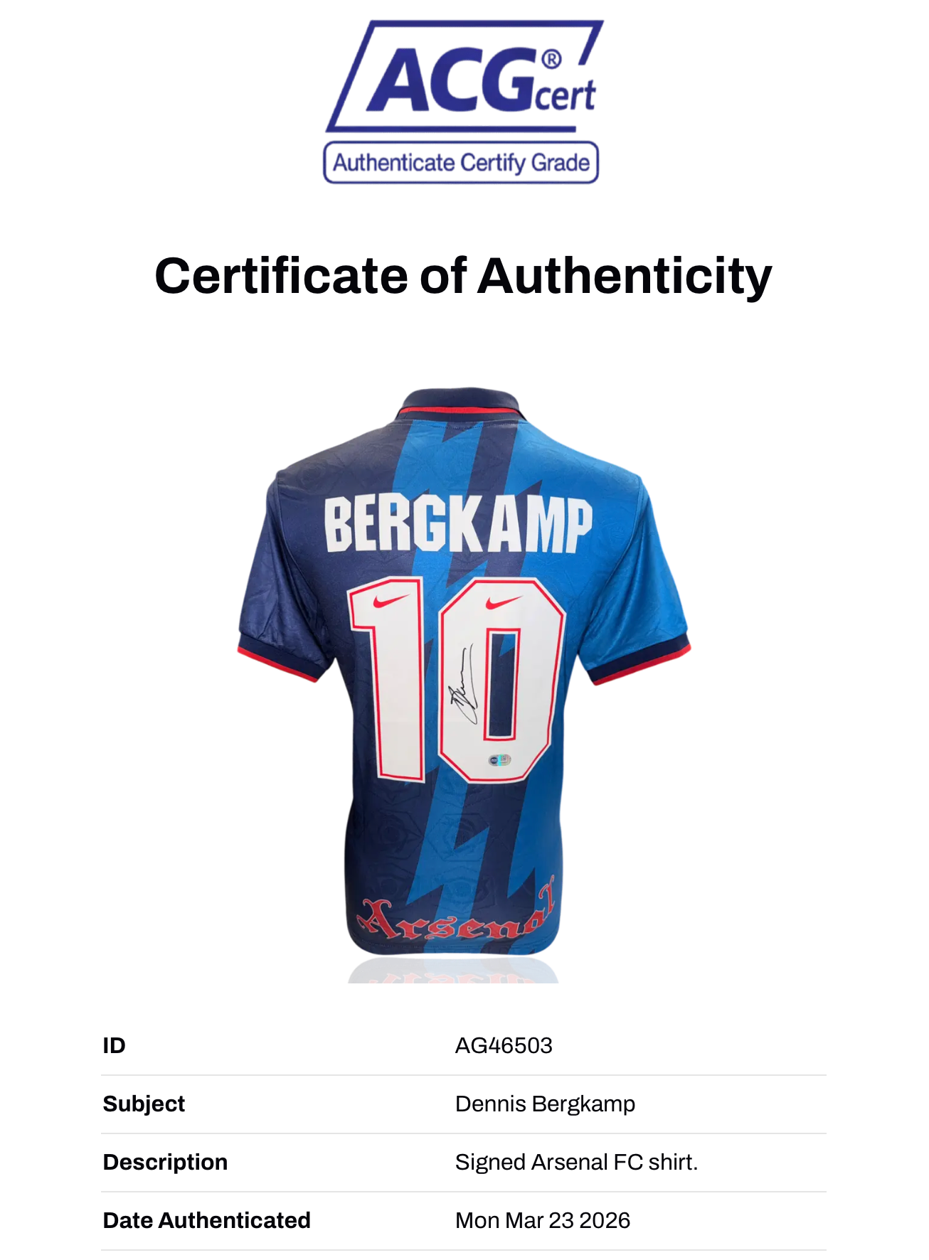 DENNIS BERGKAMP SIGNED ARSENAL FC 1995/96 AWAY SHIRT (ACG WITNESS AG46503)
