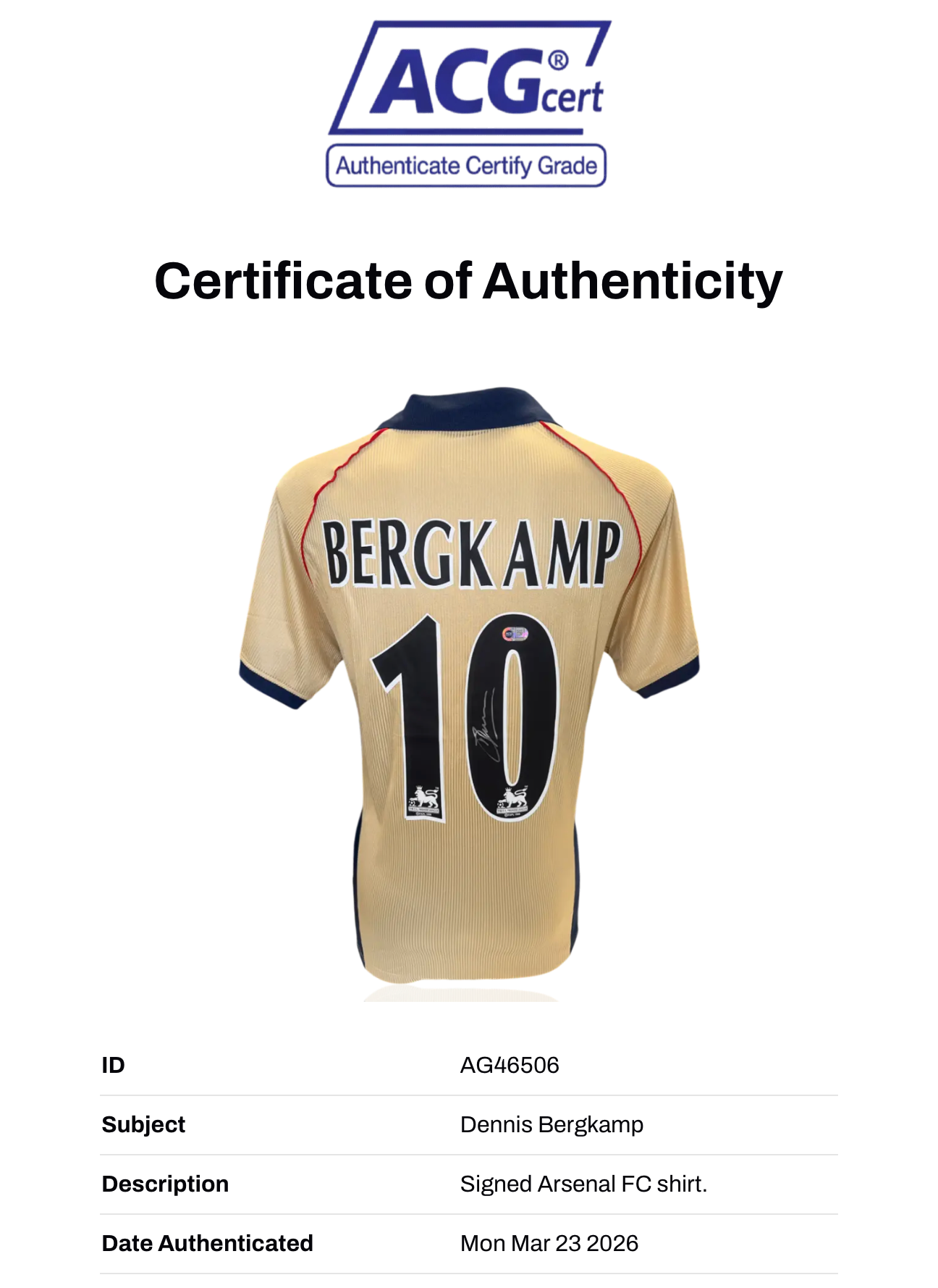 DENNIS BERGKAMP SIGNED ARSENAL FC 2001/02 AWAY SHIRT (ACG WITNESS AG46506)