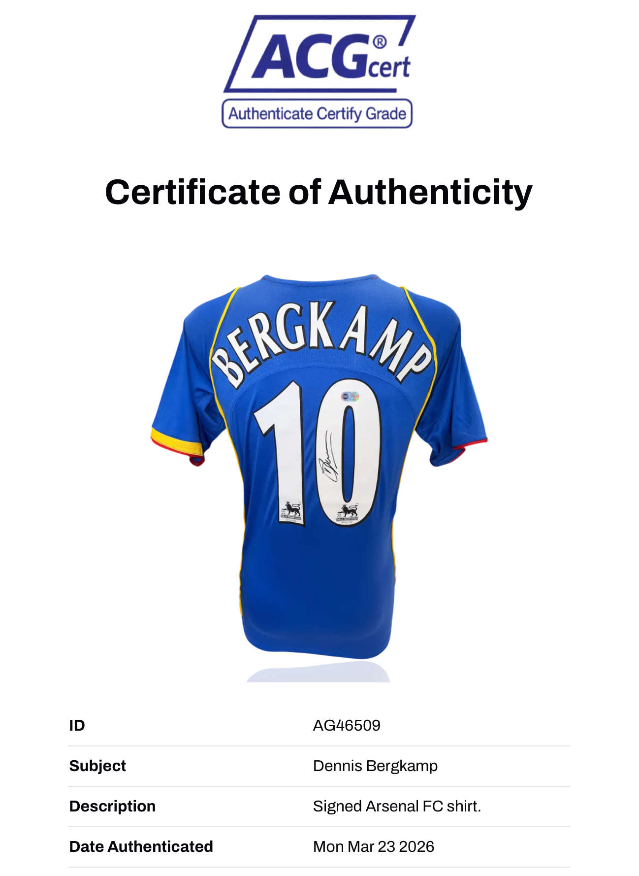 DENNIS BERGKAMP SIGNED ARSENAL FC 2004/05 AWAY SHIRT (ACG WITNESS AG46509)