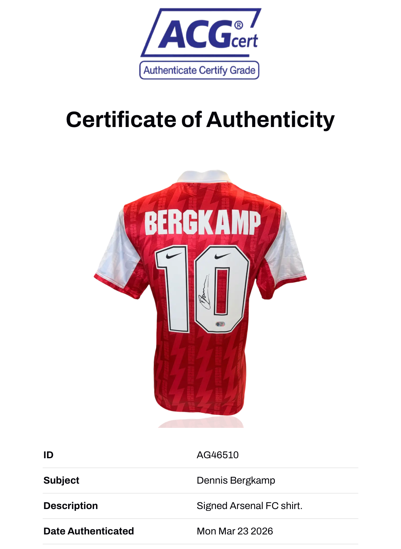 DENNIS BERGKAMP SIGNED ARSENAL FC 1995/96 HOME SHIRT (ACG WITNESS AG46510)