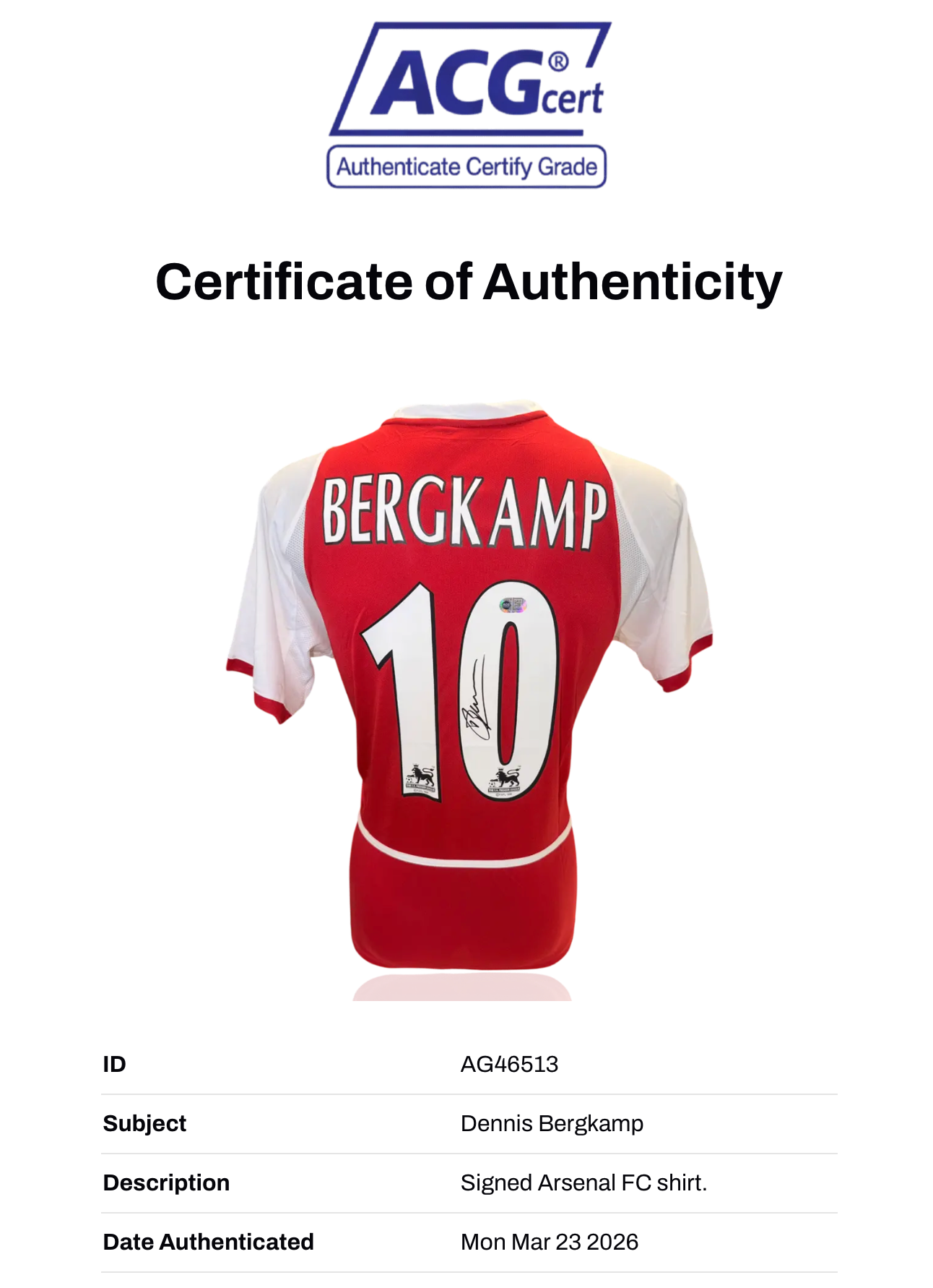DENNIS BERGKAMP SIGNED ARSENAL INVINCIBLES 03/04 SHIRT (ACG WITNESS AG46513)