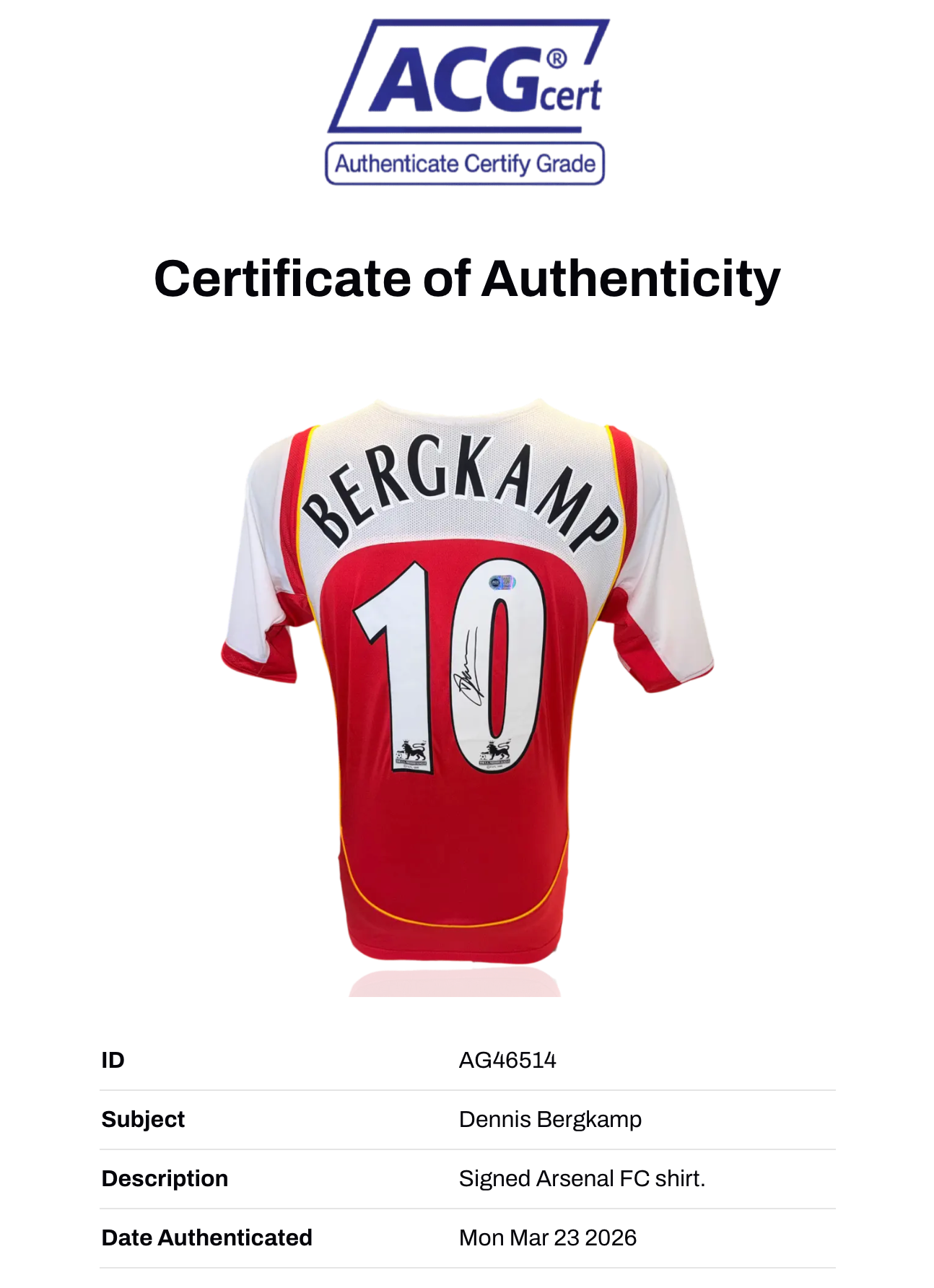 DENNIS BERGKAMP SIGNED ARSENAL FC 2004/05 HOME SHIRT (ACG WITNESS AG46514)