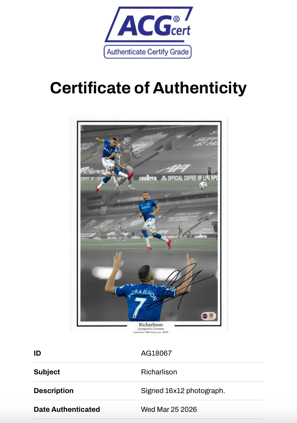 RICHARLISON SIGNED EVERTON FC 16X12 ANFIELD DERBY WIN PHOTO (ACG CERT AG18067)-2