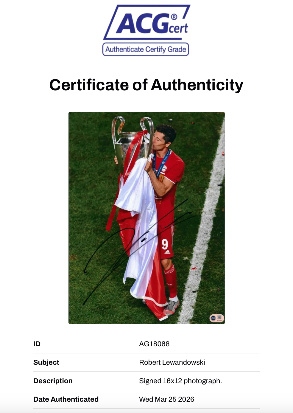 ROBERT LEWANDOWSKI SIGNED FC BAYERN MUNCHEN 16x12 PHOTO (ACG CERT AG18068)