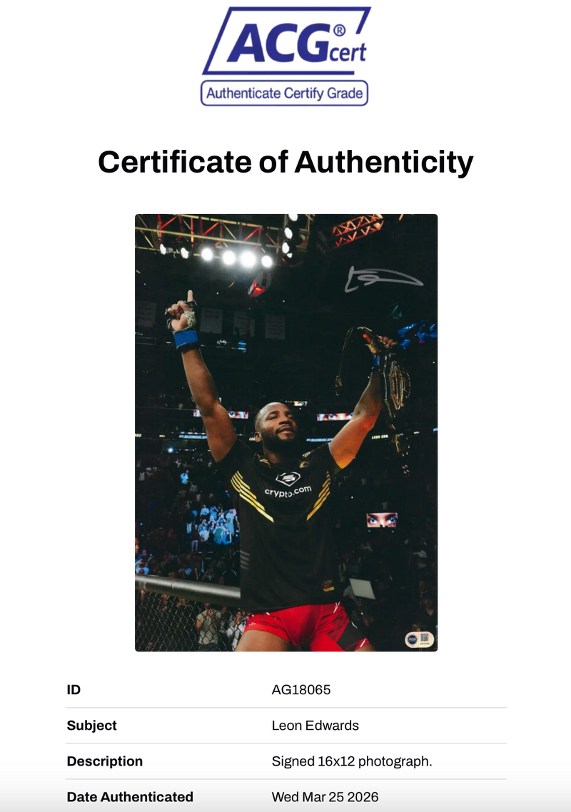 LEON ROCKY EDWARDS SIGNED UFC CHAMPION 16X12 PHOTO (ACG CERT AG18065)-2