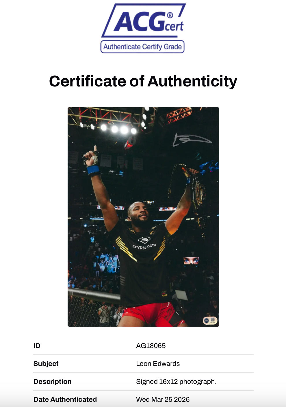 LEON ROCKY EDWARDS SIGNED UFC CHAMPION 16X12 PHOTO (ACG CERT AG18065)