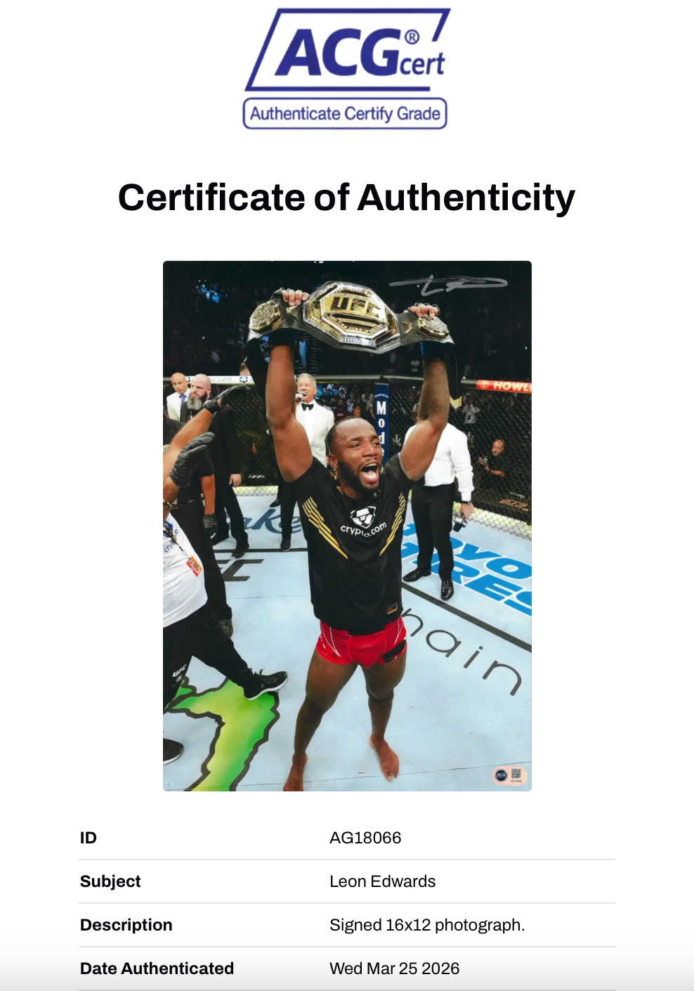 LEON ROCKY EDWARDS SIGNED UFC CHAMPION 16X12 PHOTO (ACG CERT AG18066)
