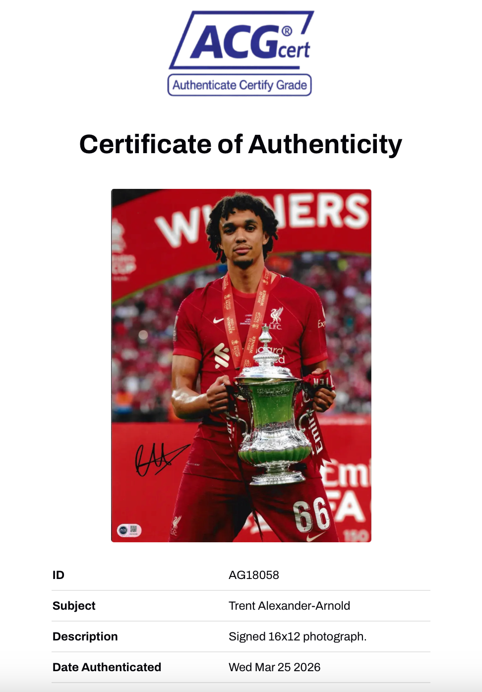 TRENT ALEXANDER-ARNOLD SIGNED FA CUP WINNER 16x12 PHOTO (ACG CERT AG18058)-2
