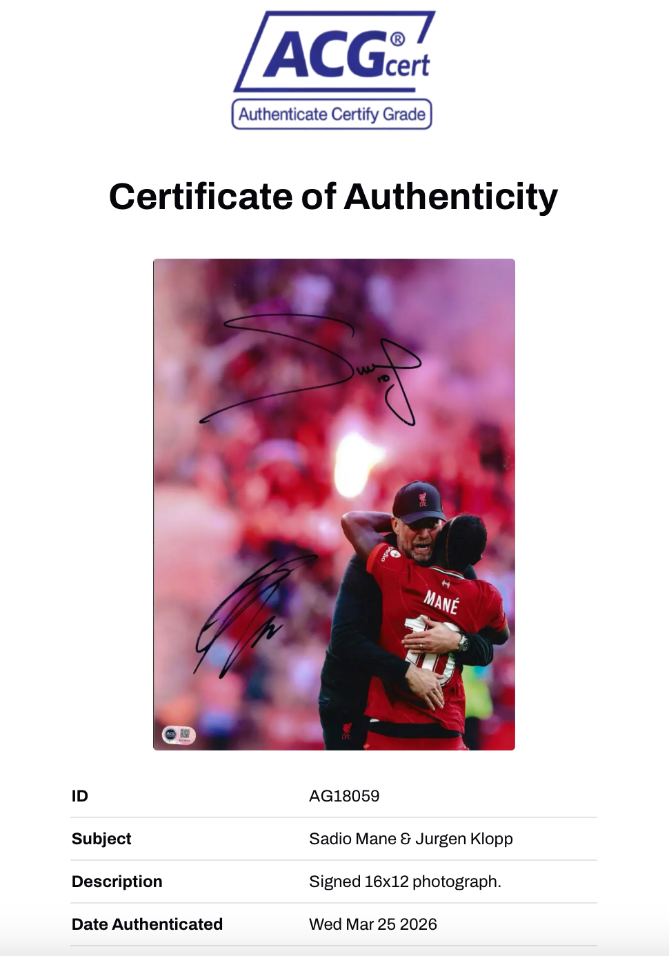 SADIO MANE & JURGEN KLOPP SIGNED LIVERPOOL FA CUP WIN 16x12 PHOTO (ACG CERT AG18059)