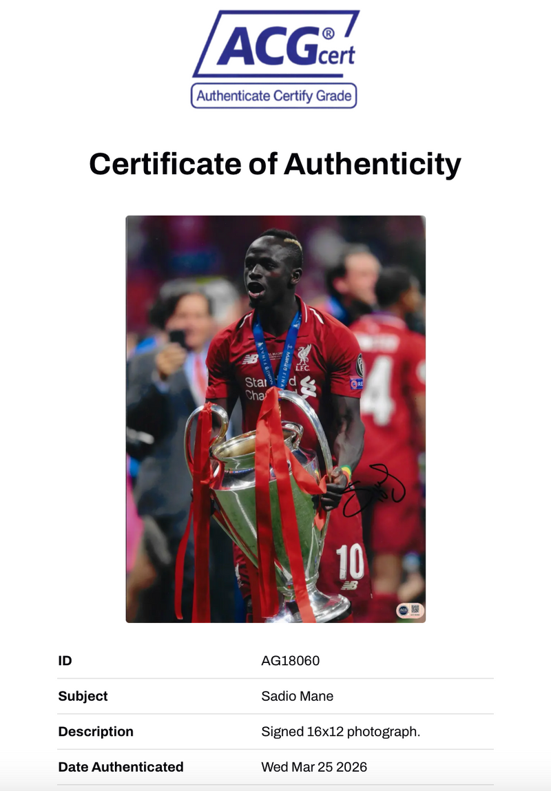 SADIO MANE SIGNED LIVERPOOL FC CHAMPIONS LEAGUE 16x12 PHOTO (ACG CERT AG18060)-2