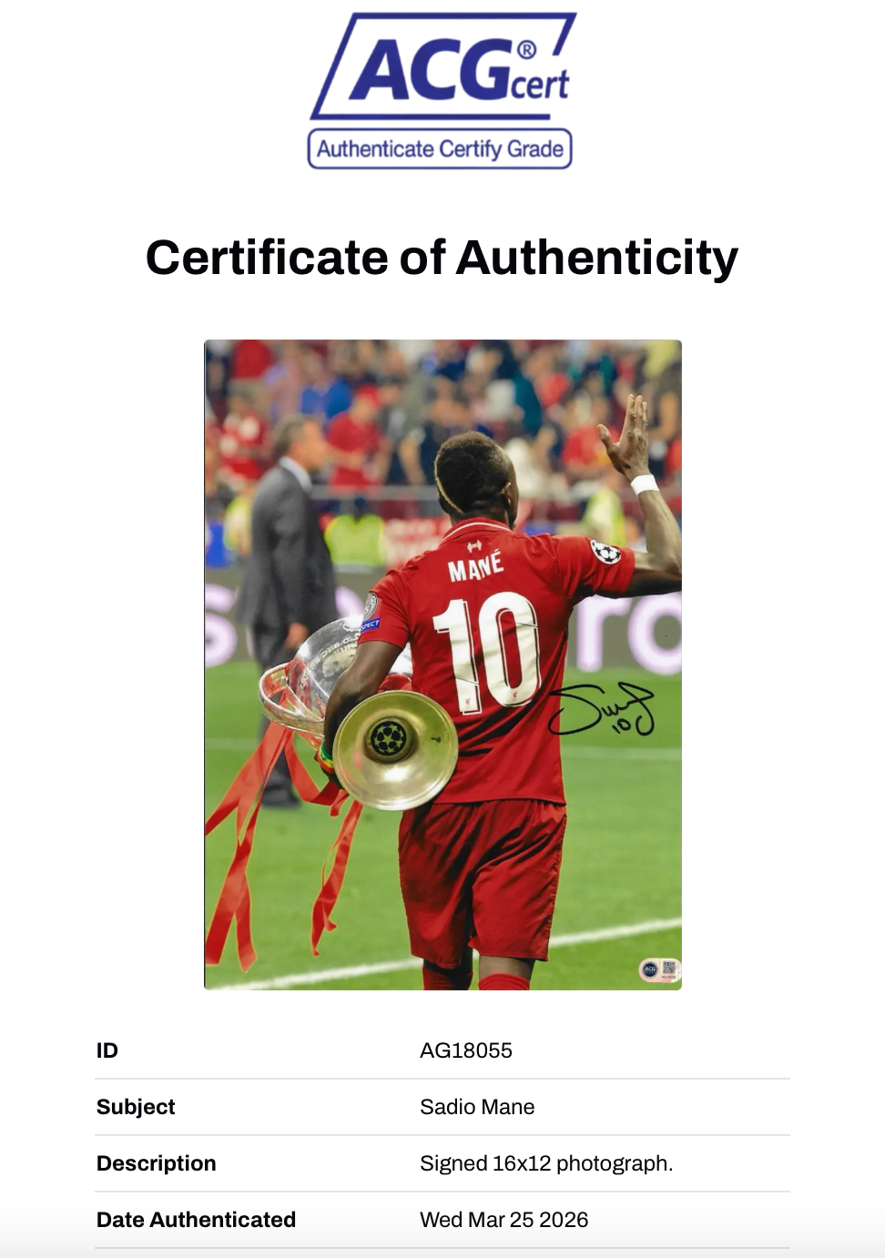 SADIO MANE SIGNED LIVERPOOL FC UCL FINAL 16x12 PHOTO (ACG CERT AG18055)-2