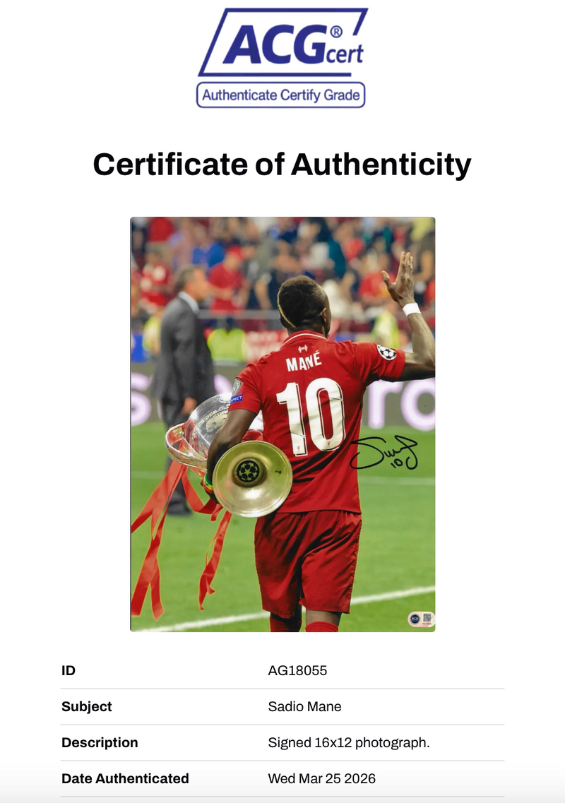 SADIO MANE SIGNED LIVERPOOL FC UCL FINAL 16x12 PHOTO (ACG CERT AG18055)-2