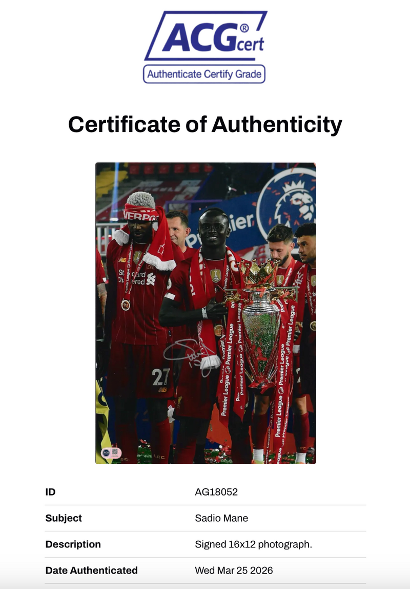 SADIO MANE SIGNED LIVERPOOL FC PREMIER LEAGUE WIN 16x12 PHOTO (ACG CERT AG18052)-2