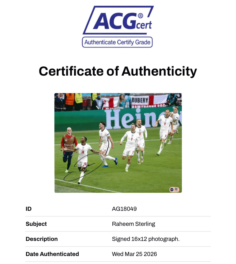 RAHEEM STERLING SIGNED ENGLAND EURO 2020 GERMANY 14x11 PHOTO (ACG CERT AG18049)-2
