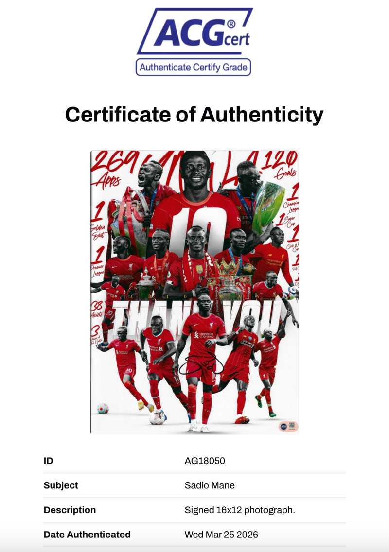 SADIO MANE SIGNED 16x12 LIVERPOOL FC THANK YOU PHOTO (ACG CERT AG18050)-2