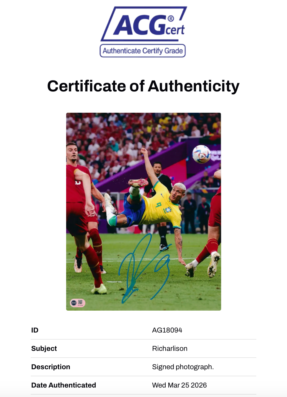 RICHARLISON SIGNED BRAZIL 2022 WORLD CUP 14x11 PHOTO (ACG CERT AG18094)