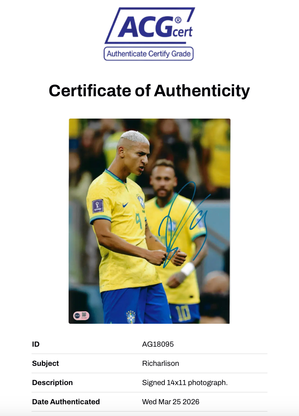 RICHARLISON SIGNED BRAZIL 2022 WORLD CUP 14x11 PHOTO (ACG CERT AG18095)