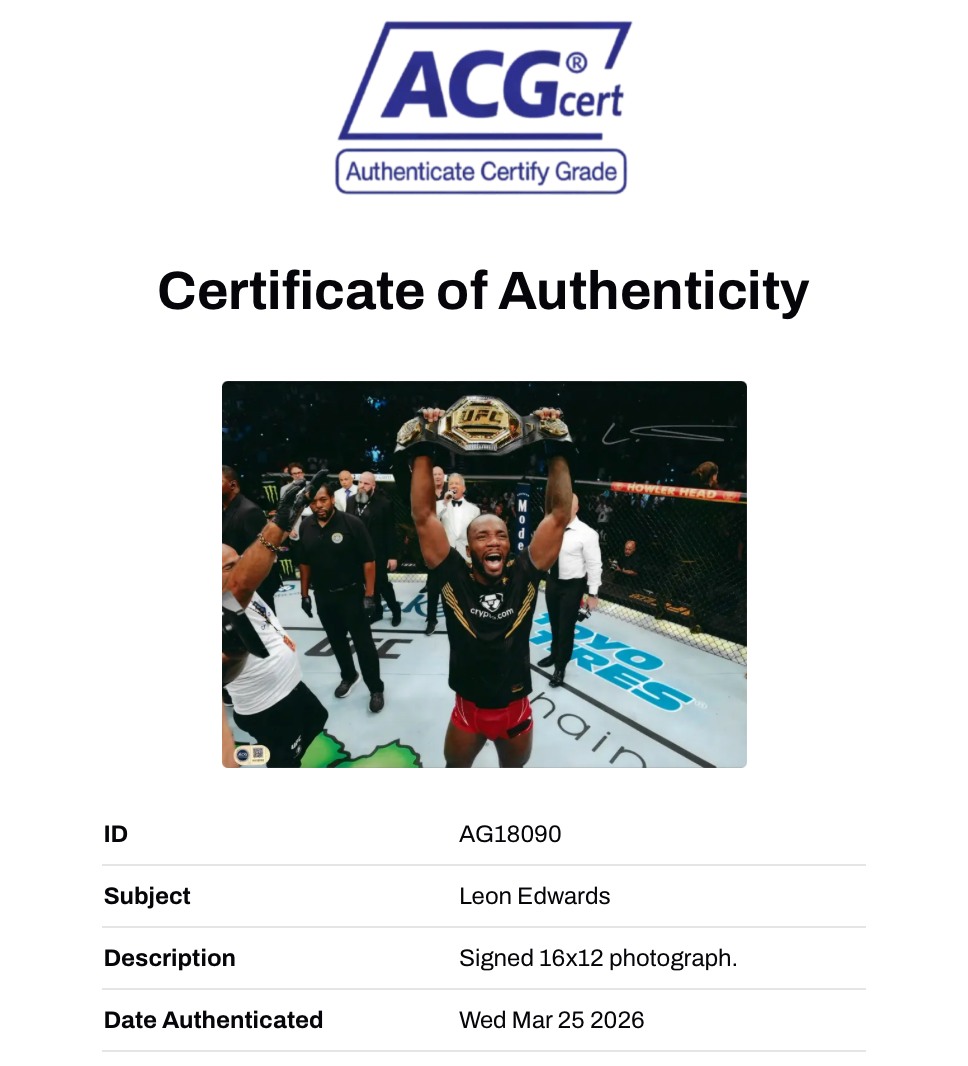 LEON ROCKY EDWARDS SIGNED UFC CHAMPION 16X12 PHOTO (ACG CERT AG18090)