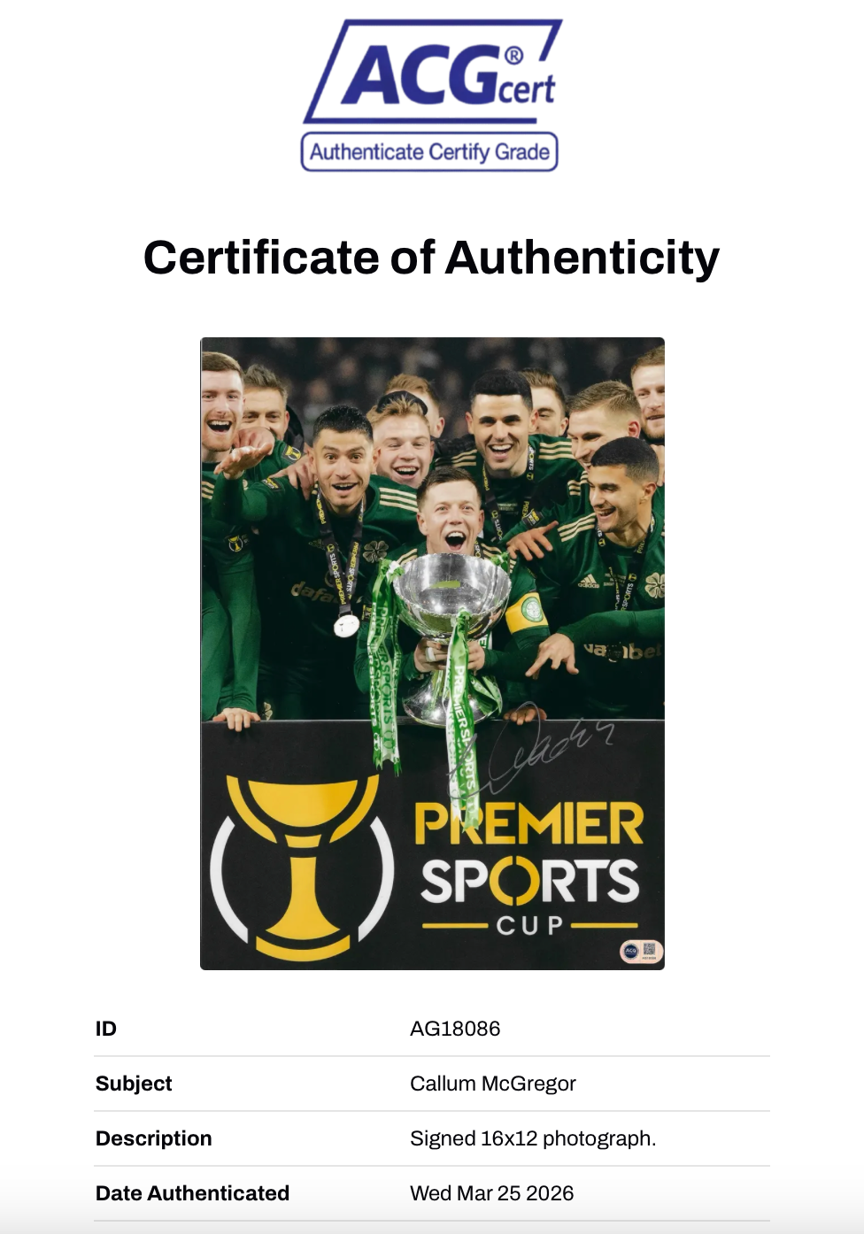 CALLUM MCGREGOR SIGNED SCOTTISH CUP WIN 16X12 PHOTO (ACG CERT AG18086)