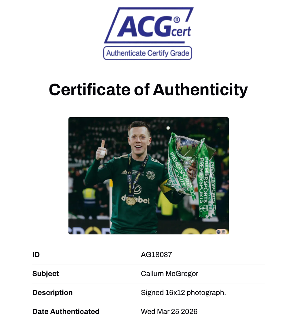 CALLUM MCGREGOR SIGNED CELTIC SCOTTISH CUP WIN 16X12 PHOTO (ACG CERT AG18087)