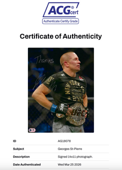 GEORGES ST-PIERRE SIGNED UFC LEGEND 14X11 PHOTOGRAPH (ACG CERT AG18078)-2