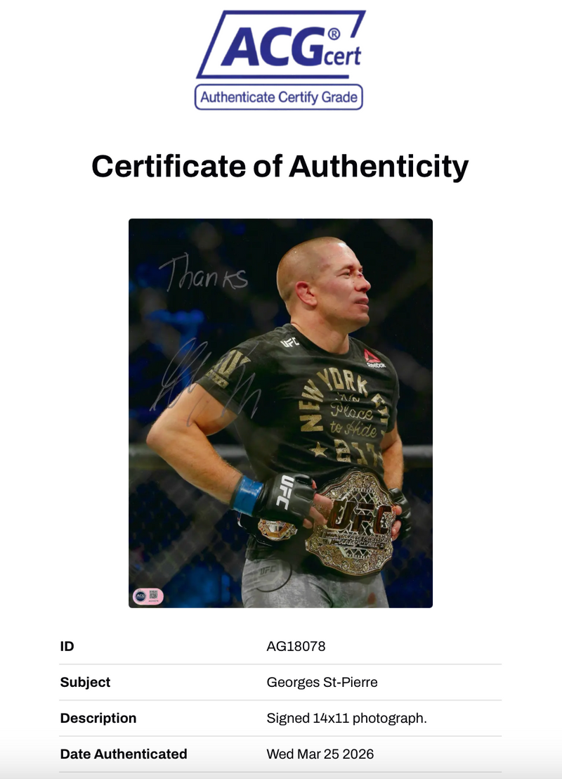 GEORGES ST-PIERRE SIGNED UFC LEGEND 14X11 PHOTOGRAPH (ACG CERT AG18078)-2