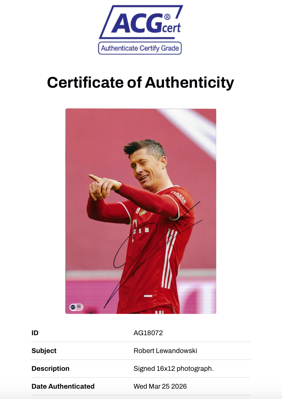 ROBERT LEWANDOWSKI SIGNED FC BAYERN MUNCHEN 16x12 PHOTO (ACG CERT AG18072)