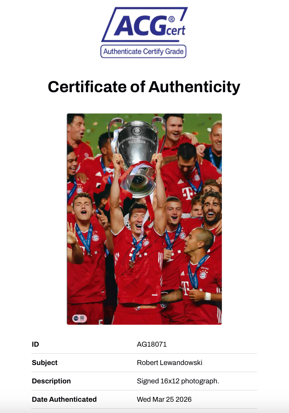 ROBERT LEWANDOWSKI SIGNED FC BAYERN MUNCHEN 16x12 PHOTO (ACG CERT AG18071)