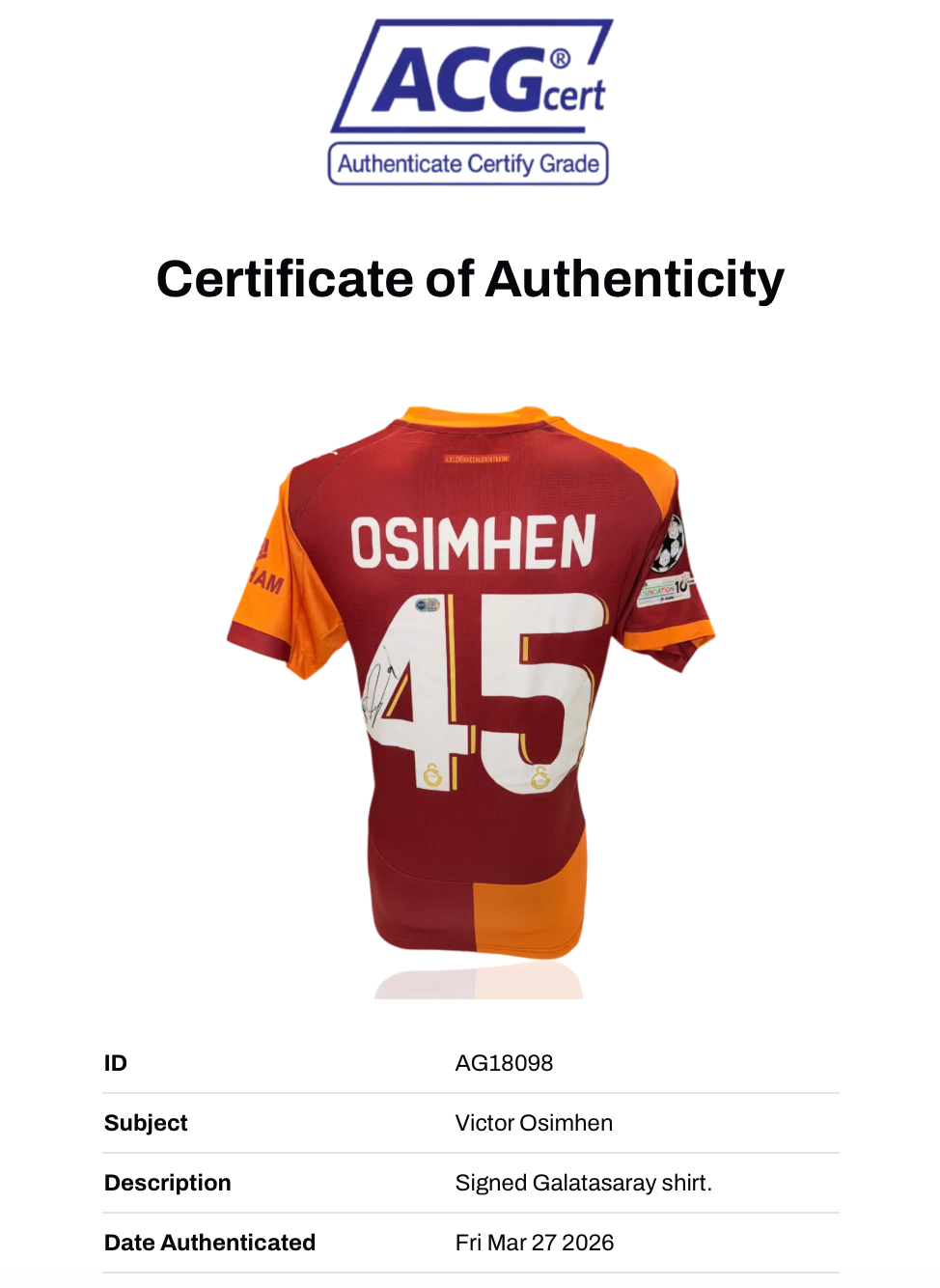 VICTOR OSIMHEN SIGNED GALATASARAY SK 25/26 HOME SHIRT (ACG CERT AG18098)