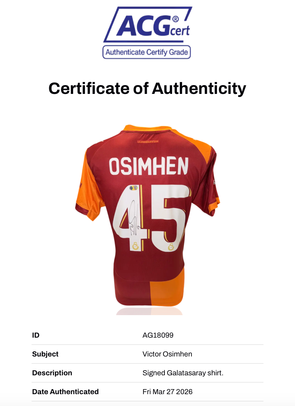 VICTOR OSIMHEN SIGNED GALATASARAY SK 25/26 HOME SHIRT (ACG CERT AG18099)