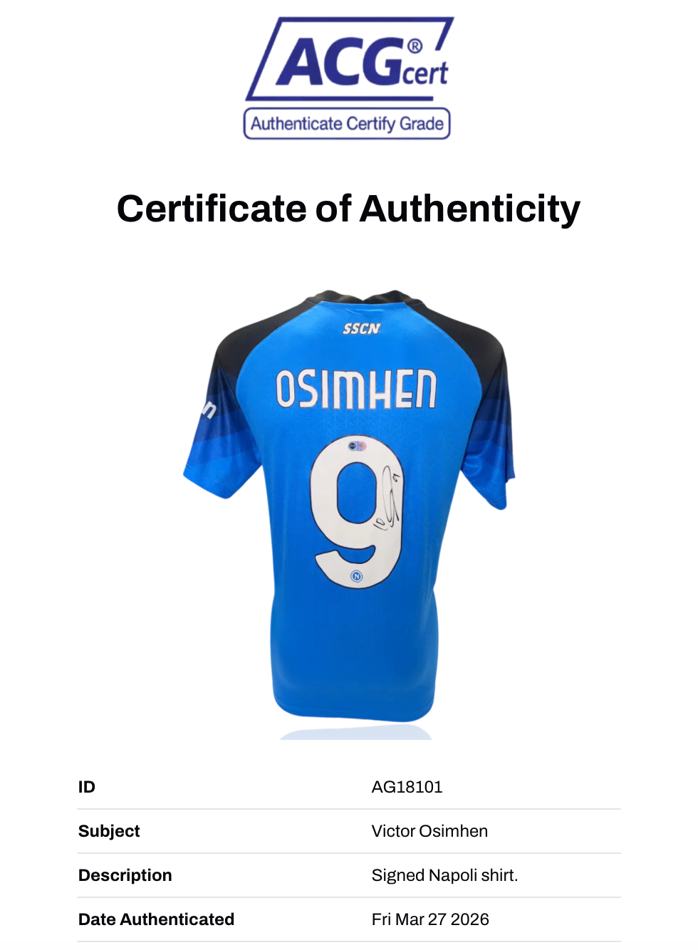 VICTOR OSIMHEN SIGNED SSC NAPOLI 22/23 HOME SERIE A WINNERS SHIRT (ACG CERT AG18101)