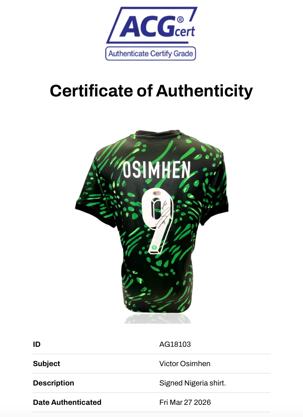 VICTOR OSIMHEN SIGNED NIGERIA 24/26 HOME NATIONAL SHIRT (ACG CERT AG18103)