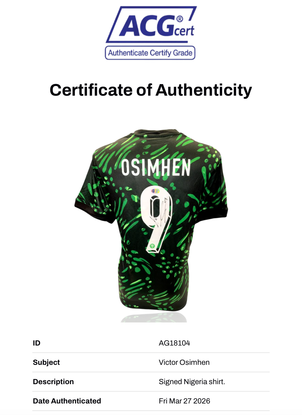 VICTOR OSIMHEN SIGNED NIGERIA 24/26 HOME NATIONAL SHIRT (ACG CERT AG18104)