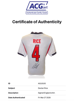 DECLAN RICE SIGNED 2026/28 ENGLAND WORLD CUP HOME SHIRT (ACG CERT AG18183)-2