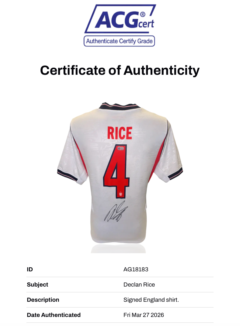 DECLAN RICE SIGNED 2026/28 ENGLAND WORLD CUP HOME SHIRT (ACG CERT AG18183)