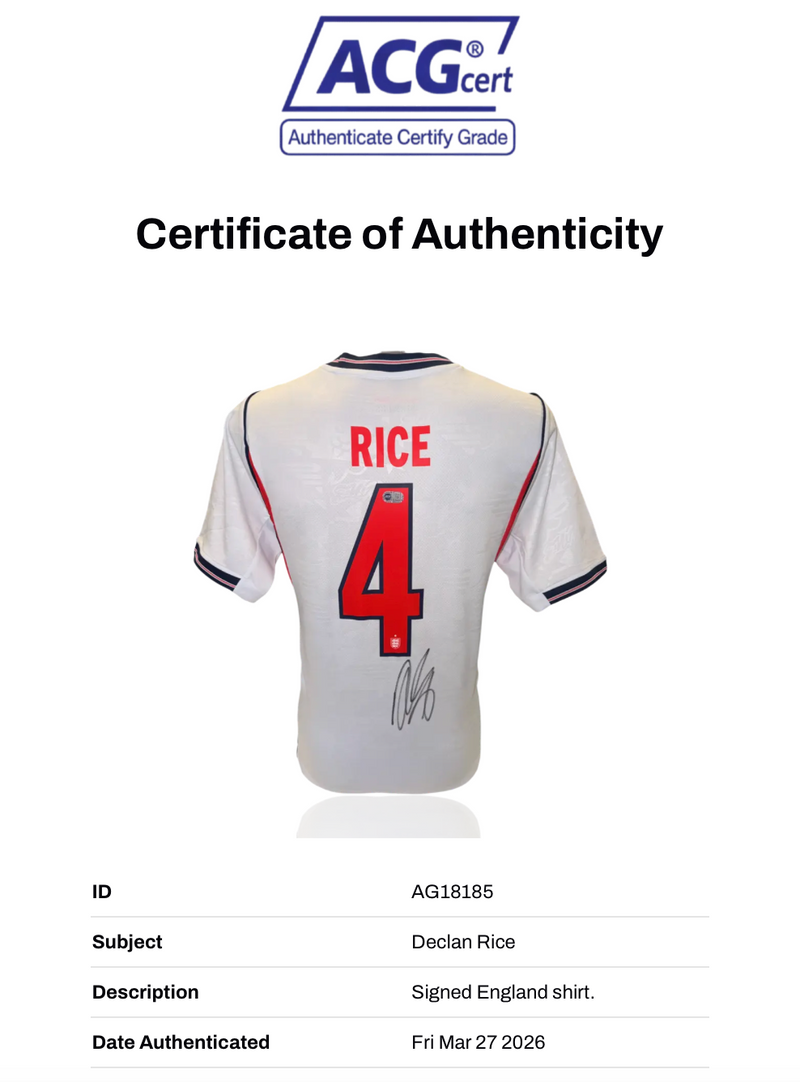 DECLAN RICE SIGNED 2026/28 ENGLAND WORLD CUP HOME SHIRT (ACG CERT AG18185)-2